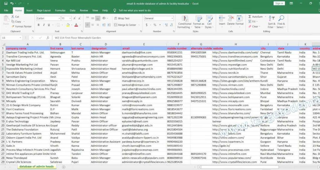 mobile & email database of admin & facility heads