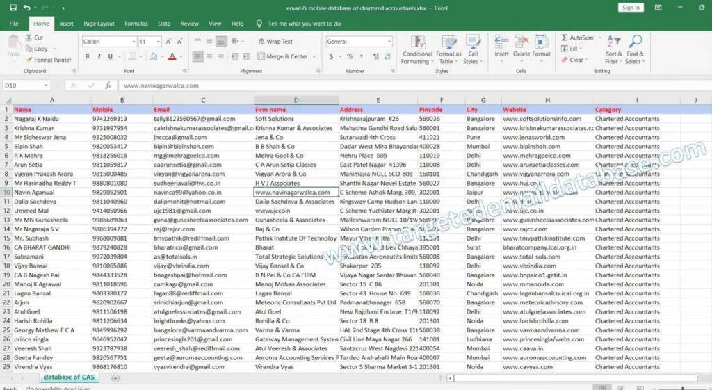 mobile & email database of chartered accountants & email id list of CAs