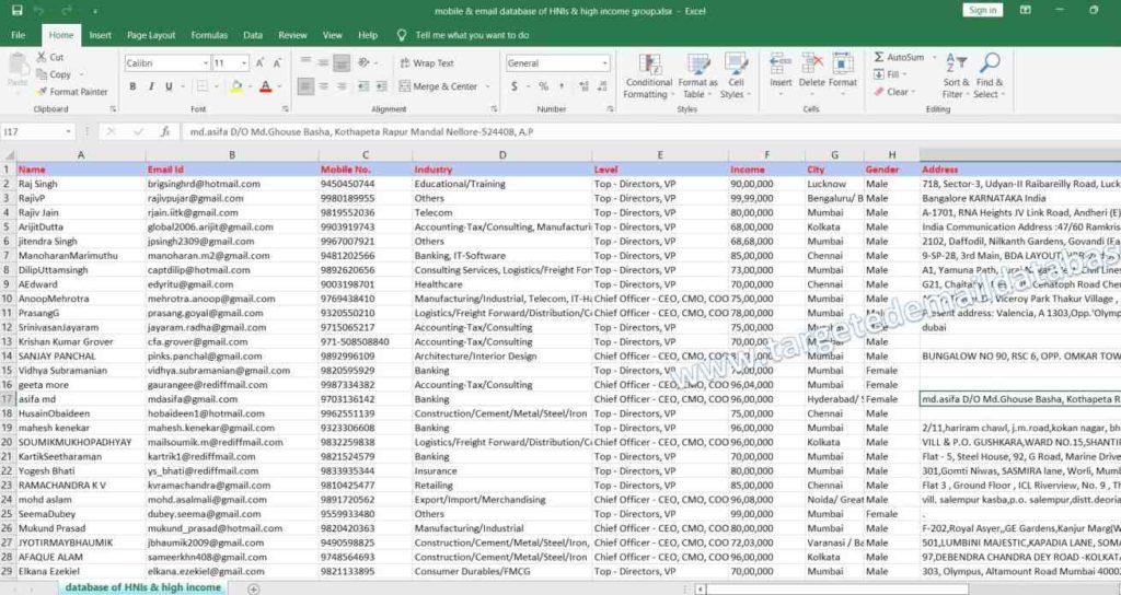 mobile & email database of higher income group & email id list of higher income people